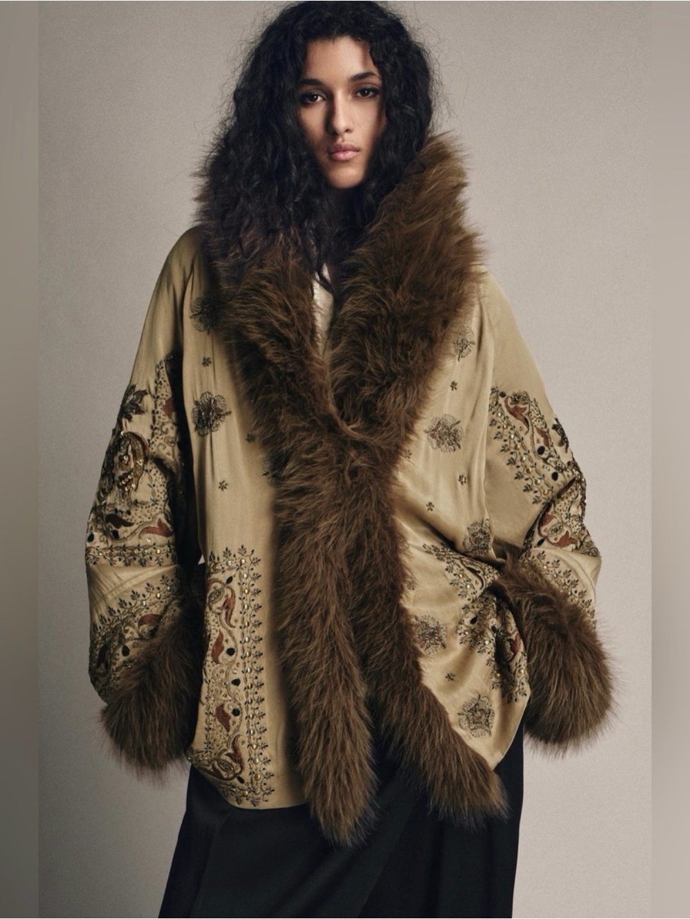 NWT Zara ZW Collection Limited Edition Embroidered Faux Fur Kimono